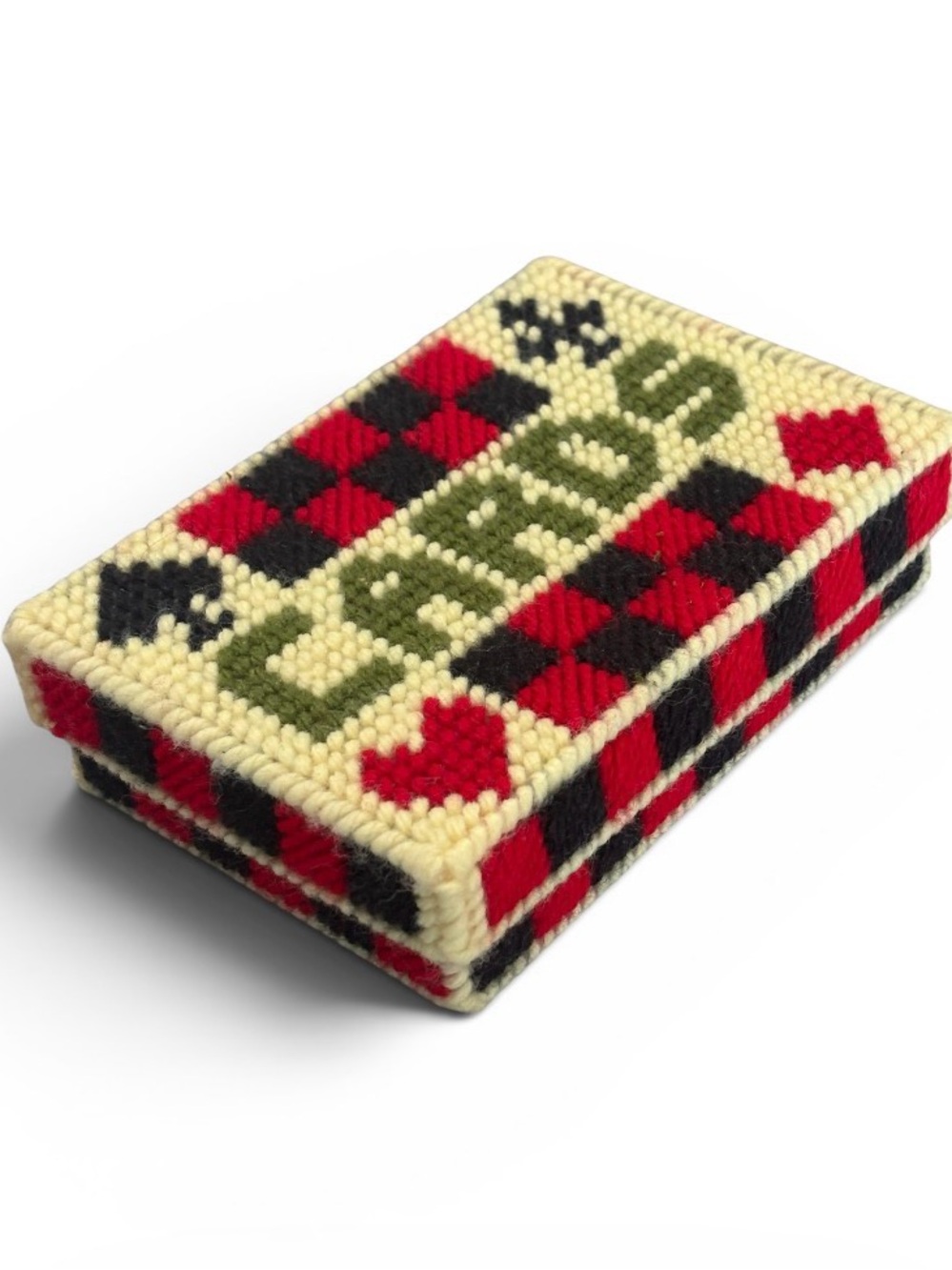 Handmade Needlepoint Trinket Box - Cream, Red, Black, Green